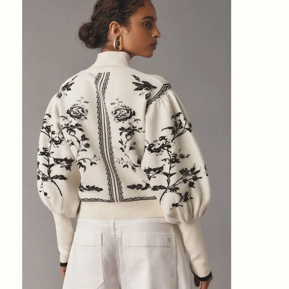 NWT Anthropologie Balloon-Sleeve Embroidered 3D Flowers Turtleneck Sweater - Picture 6 of 17